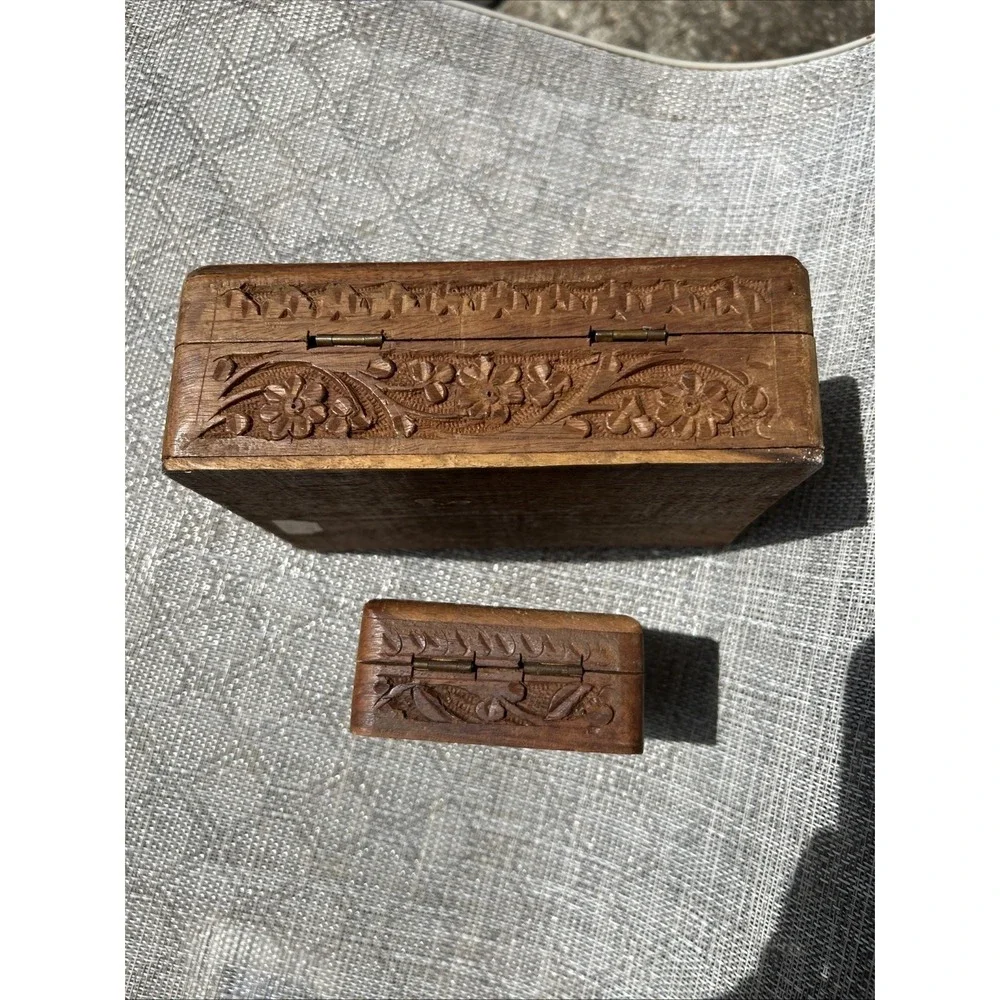 Vintage Hand Carved Wood Trinket Box Set Floral Inlay Made in India 2pc